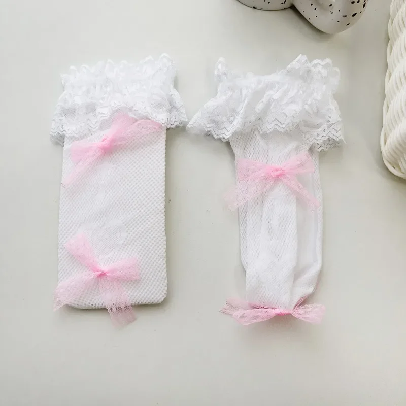Japanese Retro Women Stockings Ruffle Long Socks Lolita Style White Lace Knee High Sock Sweet Girls Cute Bow Thigh High Stocking