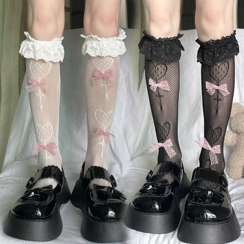 Japanese Retro Women Stockings Ruffle Long Socks Lolita Style White Lace Knee High Sock Sweet Girls Cute Bow Thigh High Stocking