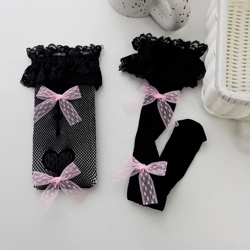 Japanese Retro Women Stockings Ruffle Long Socks Lolita Style White Lace Knee High Sock Sweet Girls Cute Bow Thigh High Stocking