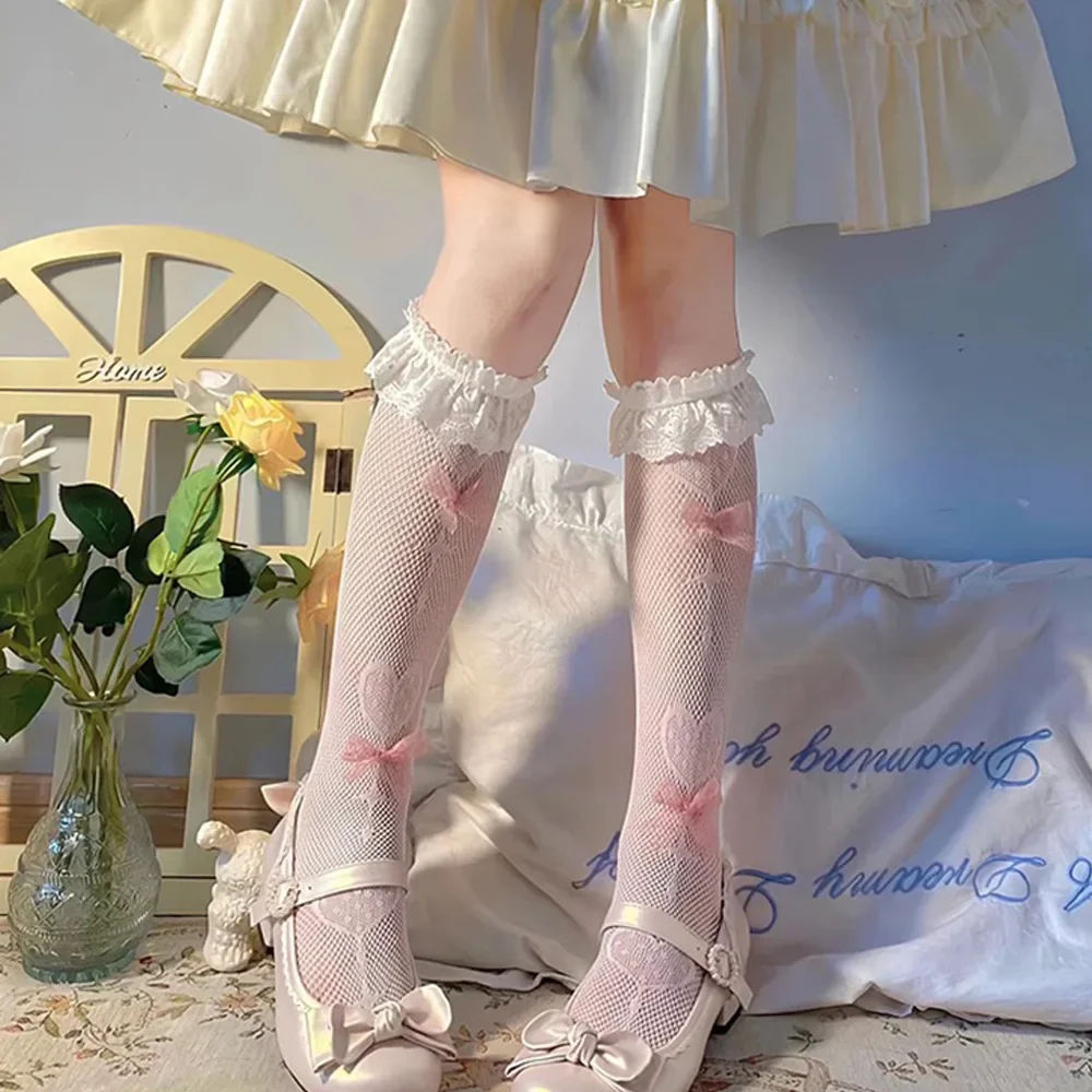 Japanese Retro Women Stockings Ruffle Long Socks Lolita Style White Lace Knee High Sock Sweet Girls Cute Bow Thigh High Stocking