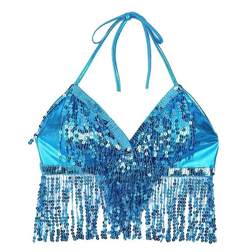 Women Belly Dance Sequin Tassel Fringe Top Nightclub Performance Halter Bra Dance Wear Show Costumes 