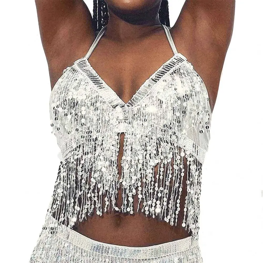 Women Belly Dance Sequin Tassel Fringe Top Nightclub Performance Halter Bra Dance Wear Show Costumes 