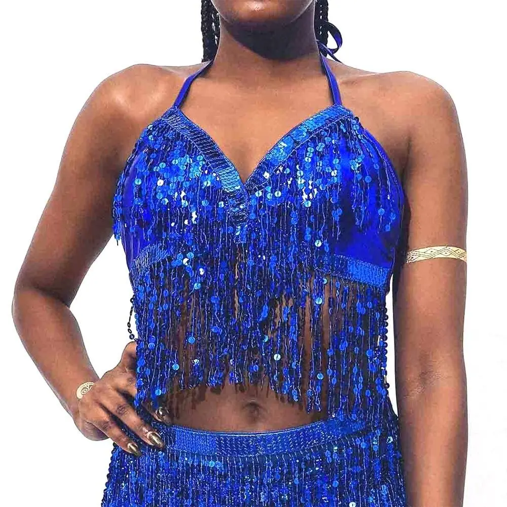 Women Belly Dance Sequin Tassel Fringe Top Nightclub Performance Halter Bra Dance Wear Show Costumes 