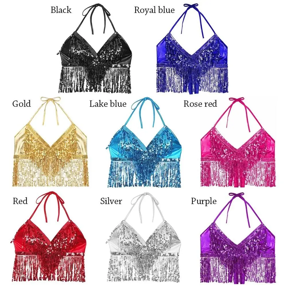 Women Belly Dance Sequin Tassel Fringe Top Nightclub Performance Halter Bra Dance Wear Show Costumes 