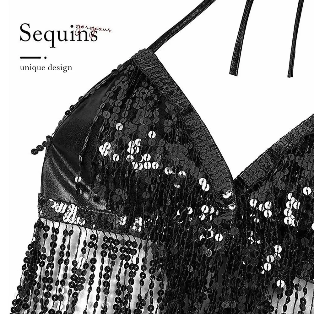 Women Belly Dance Sequin Tassel Fringe Top Nightclub Performance Halter Bra Dance Wear Show Costumes 