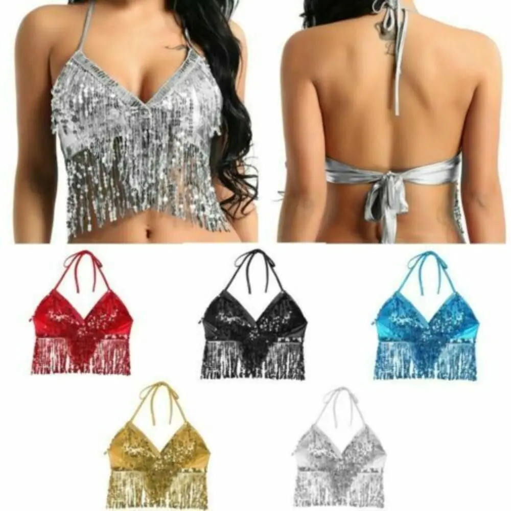 Women Belly Dance Sequin Tassel Fringe Top Nightclub Performance Halter Bra Dance Wear Show Costumes 