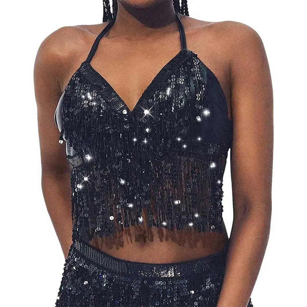 Women Belly Dance Sequin Tassel Fringe Top Nightclub Performance Halter Bra Dance Wear Show Costumes 