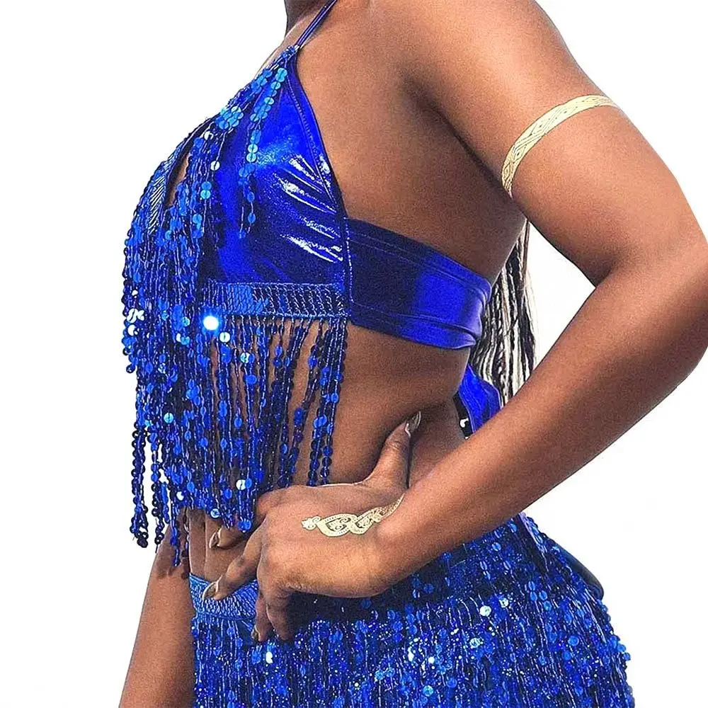 Women Belly Dance Sequin Tassel Fringe Top Nightclub Performance Halter Bra Dance Wear Show Costumes 