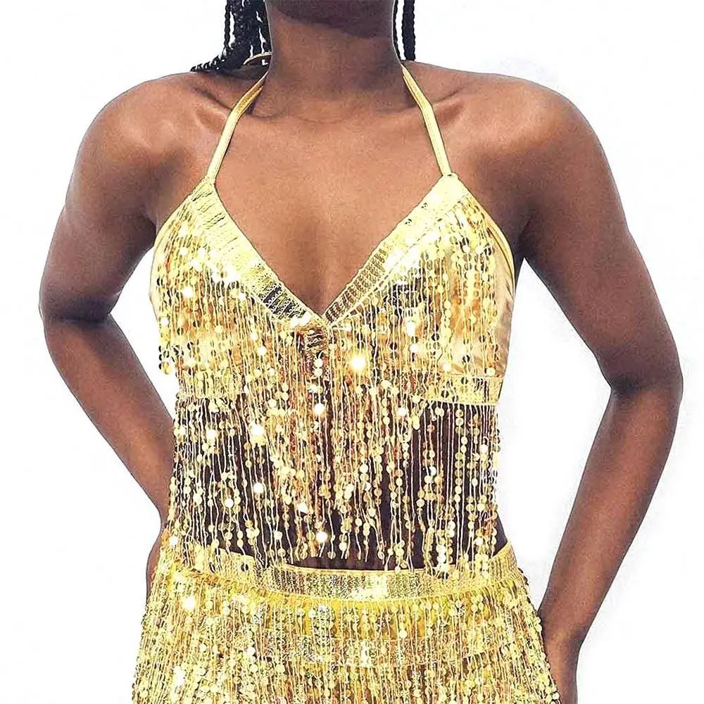 Women Belly Dance Sequin Tassel Fringe Top Nightclub Performance Halter Bra Dance Wear Show Costumes 