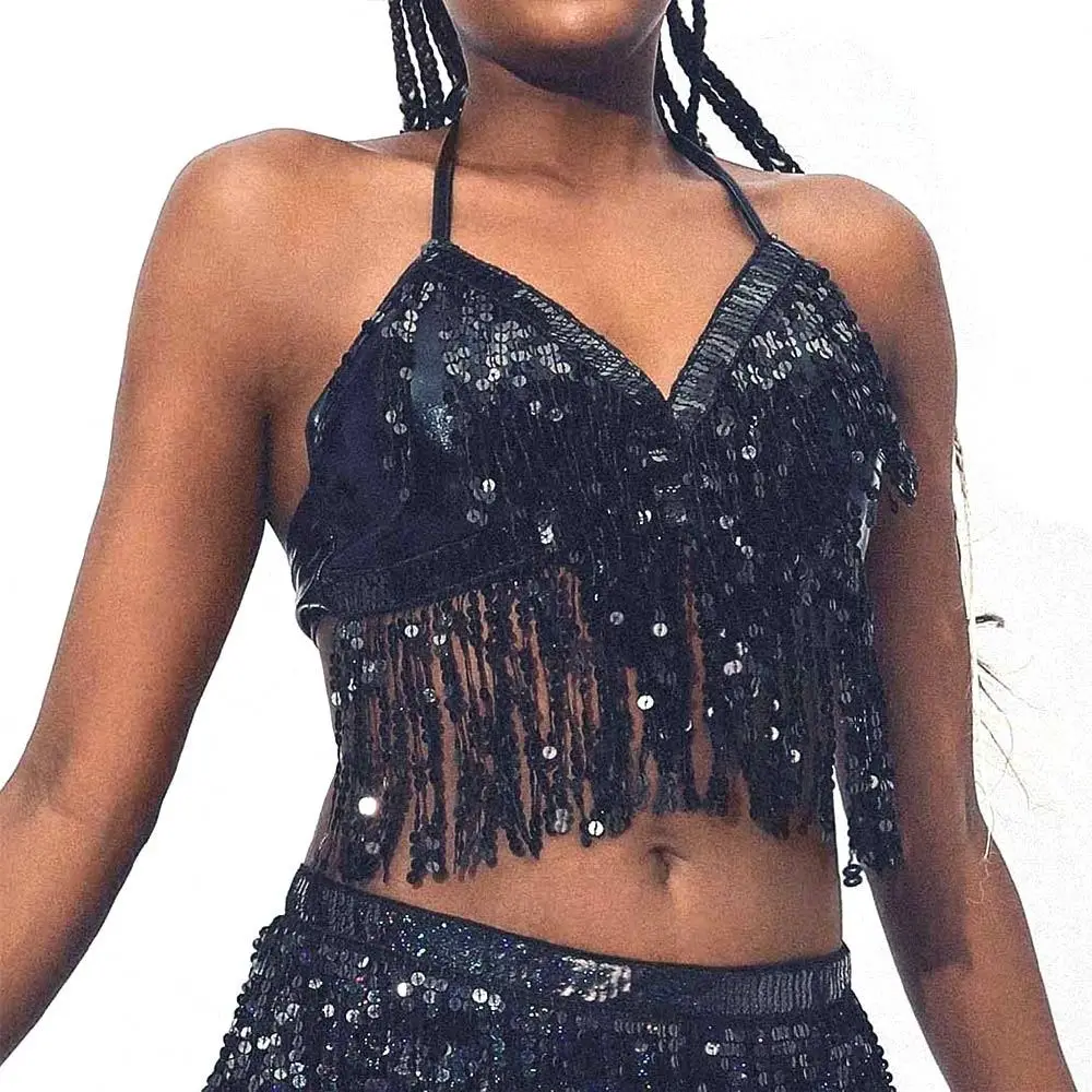 Women Belly Dance Sequin Tassel Fringe Top Nightclub Performance Halter Bra Dance Wear Show Costumes 