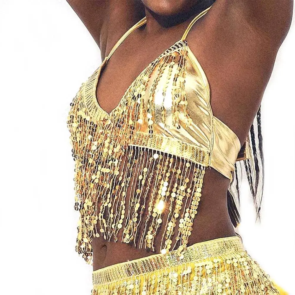 Women Belly Dance Sequin Tassel Fringe Top Nightclub Performance Halter Bra Dance Wear Show Costumes 