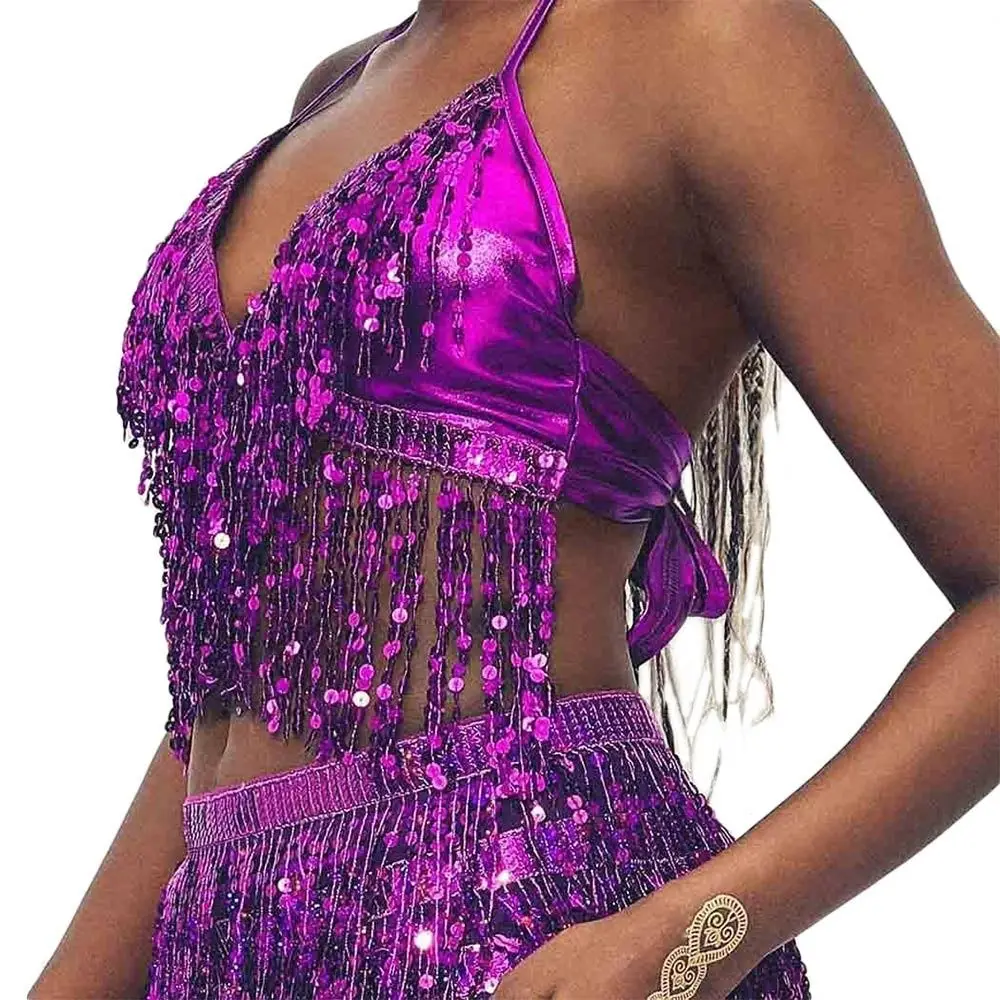 Women Belly Dance Sequin Tassel Fringe Top Nightclub Performance Halter Bra Dance Wear Show Costumes 
