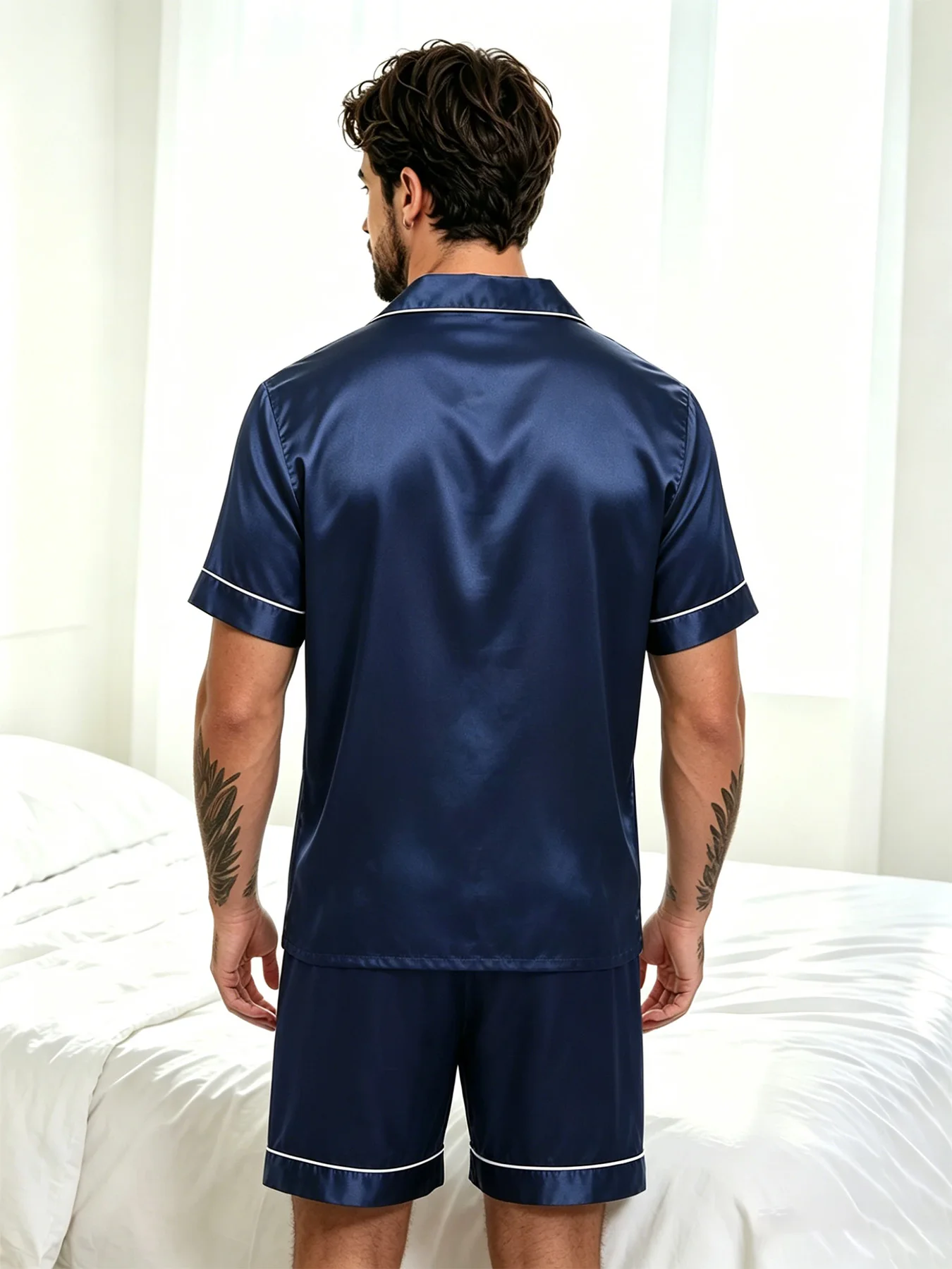 2pcs/Set Men's Pajamas Set For Summer Black Short Sleeve Button Down Shirt Top & Shorts Sleepwear Loungewear Shorts Suit Pyjamas