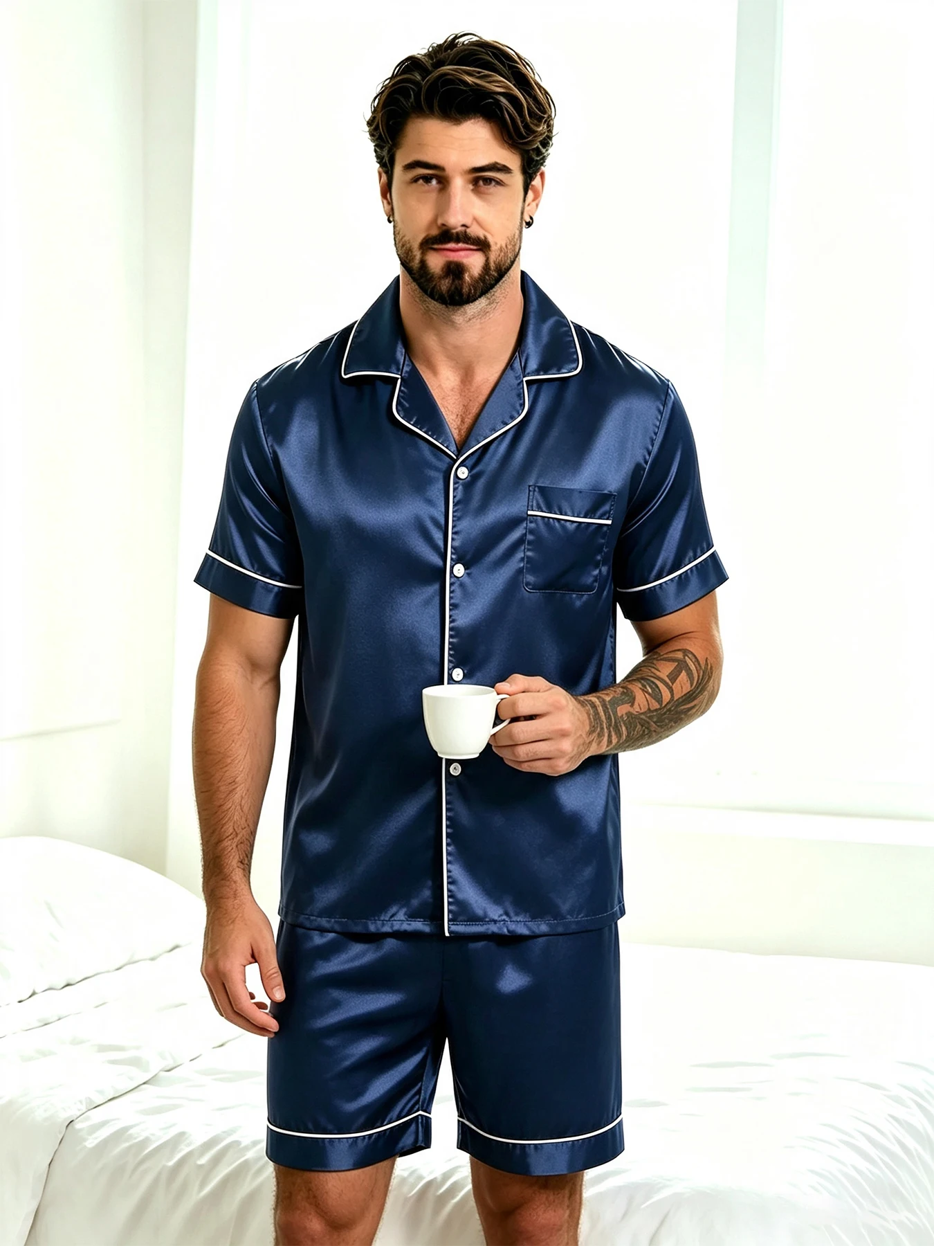 2pcs/Set Men's Pajamas Set For Summer Black Short Sleeve Button Down Shirt Top & Shorts Sleepwear Loungewear Shorts Suit Pyjamas