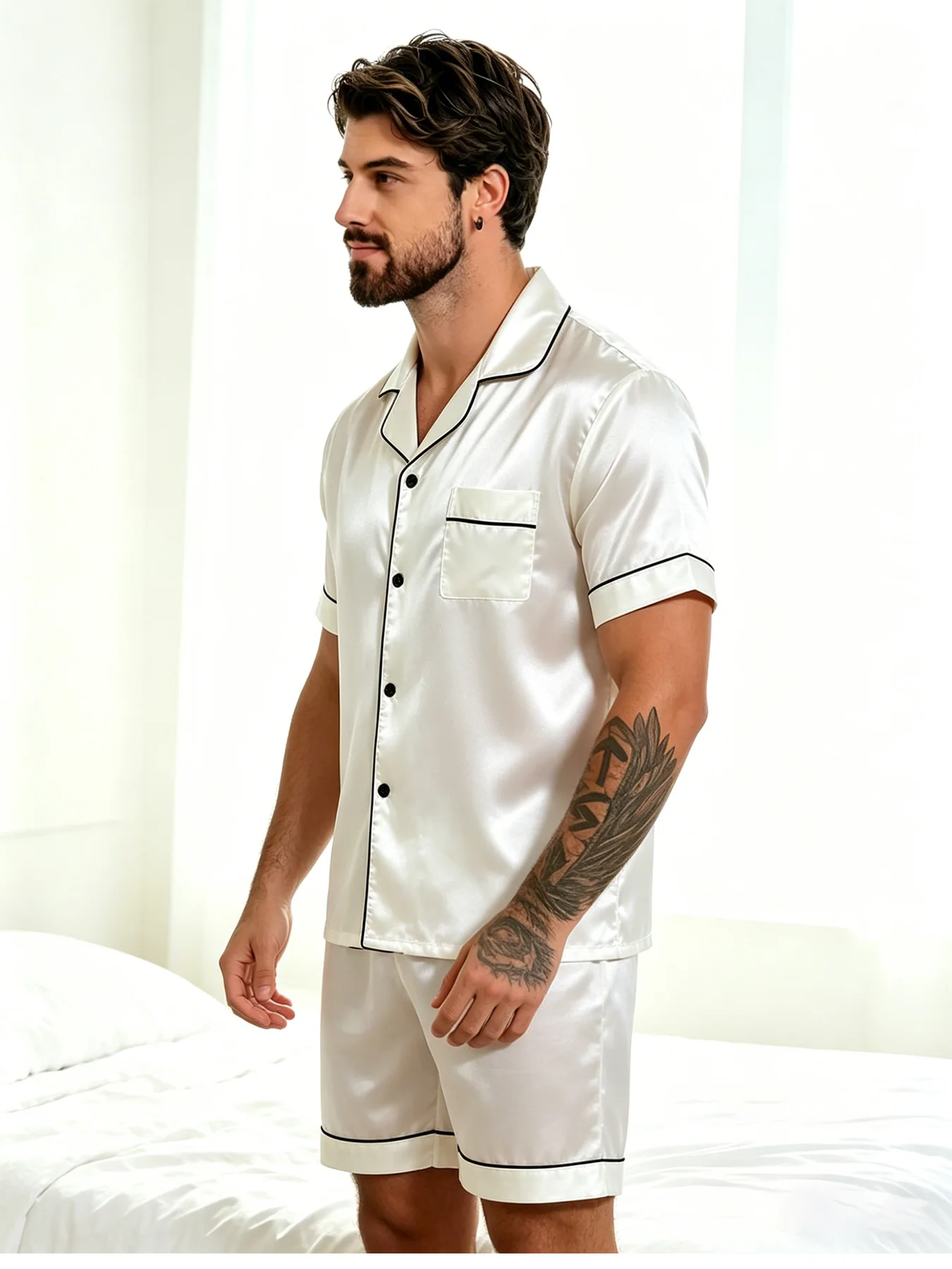 2pcs/Set Men's Pajamas Set For Summer Black Short Sleeve Button Down Shirt Top & Shorts Sleepwear Loungewear Shorts Suit Pyjamas