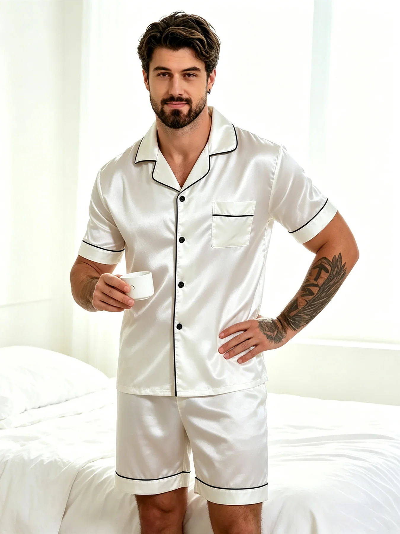 2pcs/Set Men's Pajamas Set For Summer Black Short Sleeve Button Down Shirt Top & Shorts Sleepwear Loungewear Shorts Suit Pyjamas