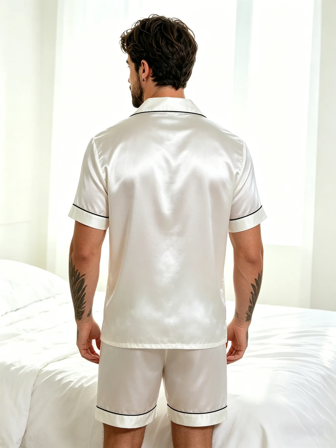 2pcs/Set Men's Pajamas Set For Summer Black Short Sleeve Button Down Shirt Top & Shorts Sleepwear Loungewear Shorts Suit Pyjamas