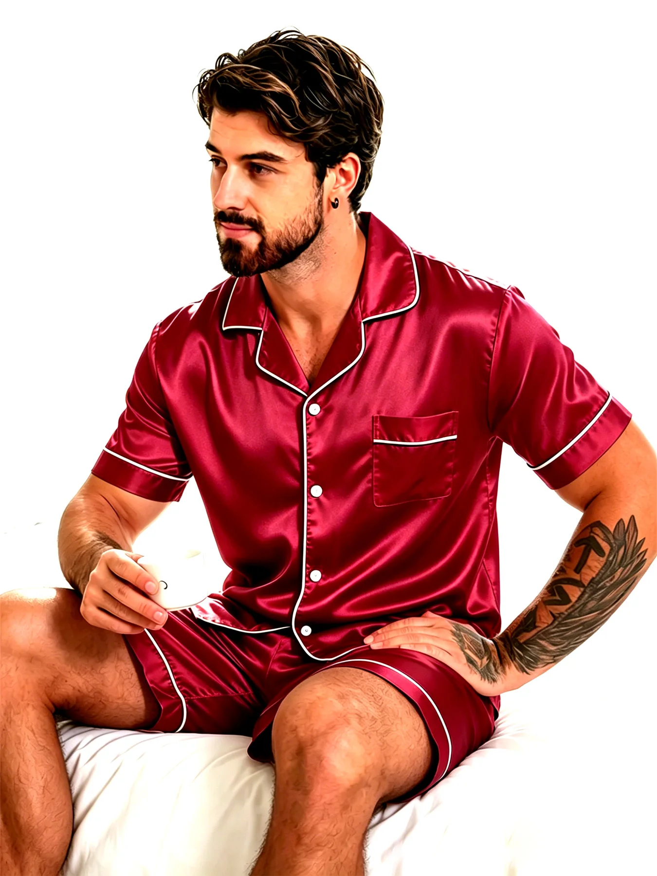 2pcs/Set Men's Pajamas Set For Summer Black Short Sleeve Button Down Shirt Top & Shorts Sleepwear Loungewear Shorts Suit Pyjamas