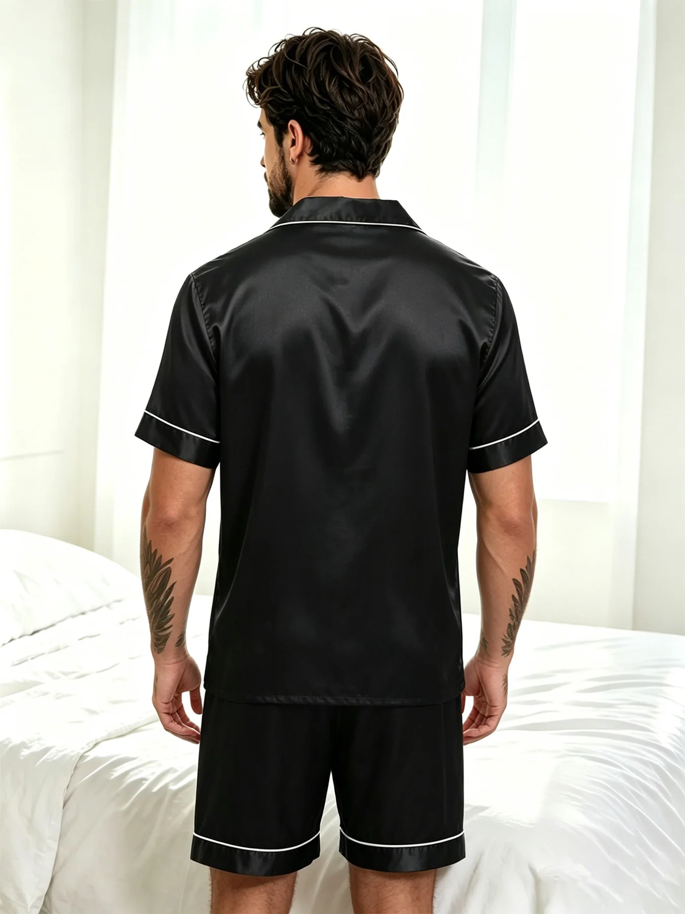 2pcs/Set Men's Pajamas Set For Summer Black Short Sleeve Button Down Shirt Top & Shorts Sleepwear Loungewear Shorts Suit Pyjamas