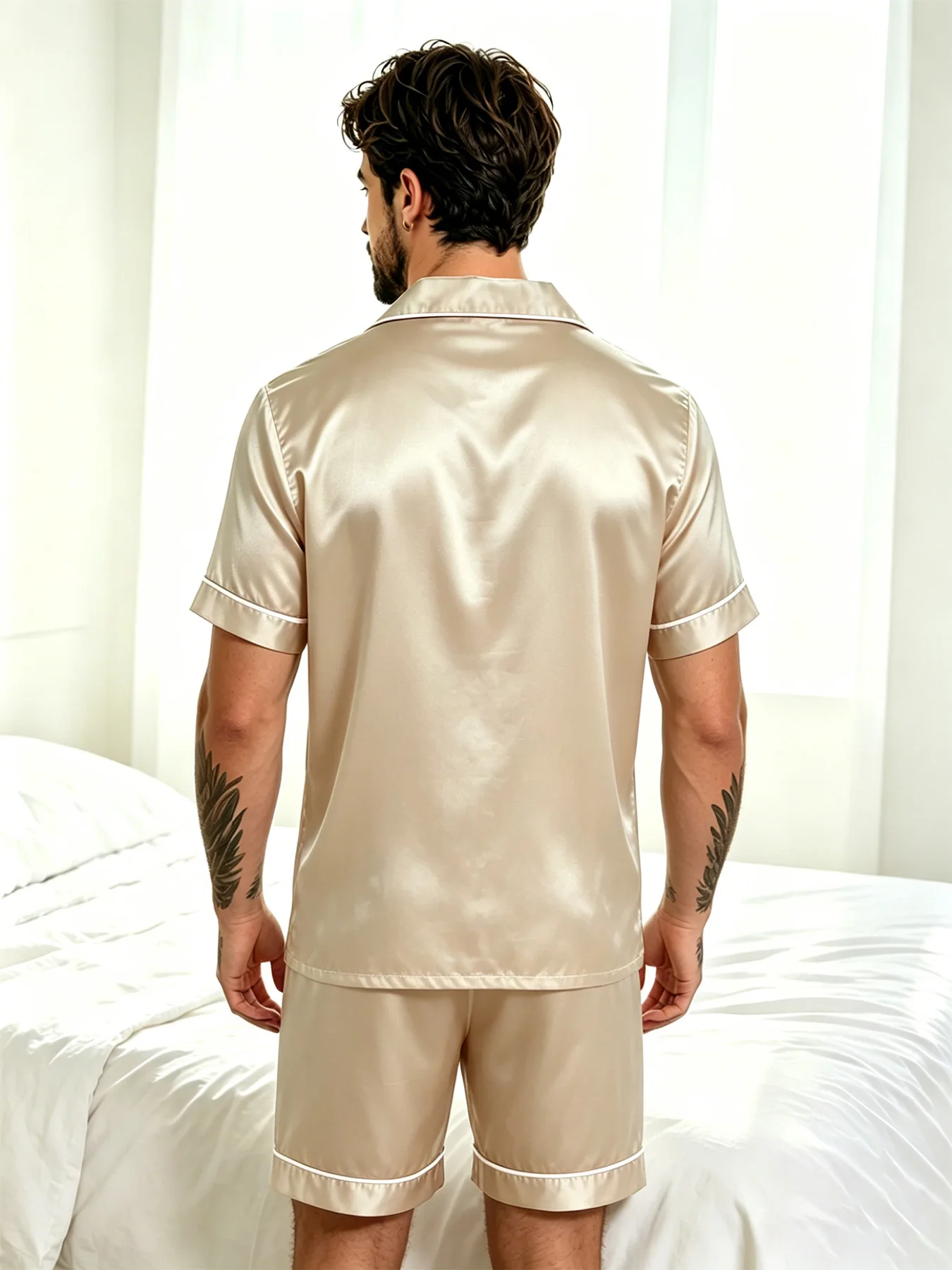 2pcs/Set Men's Pajamas Set For Summer Black Short Sleeve Button Down Shirt Top & Shorts Sleepwear Loungewear Shorts Suit Pyjamas