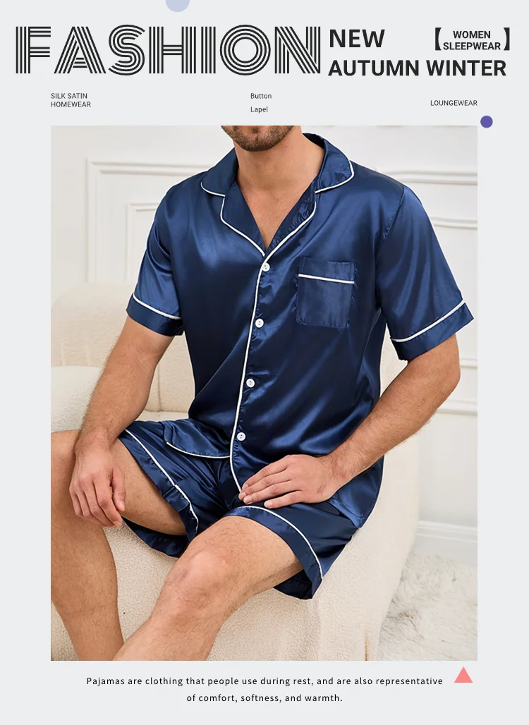 2pcs/Set Men's Pajamas Set For Summer Black Short Sleeve Button Down Shirt Top & Shorts Sleepwear Loungewear Shorts Suit Pyjamas