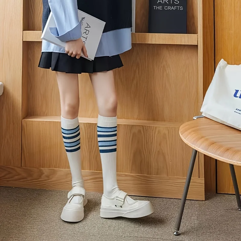 3 pairs of calf socks versatile Lolita Blue college wind and sun long tube thin in spring and summer
