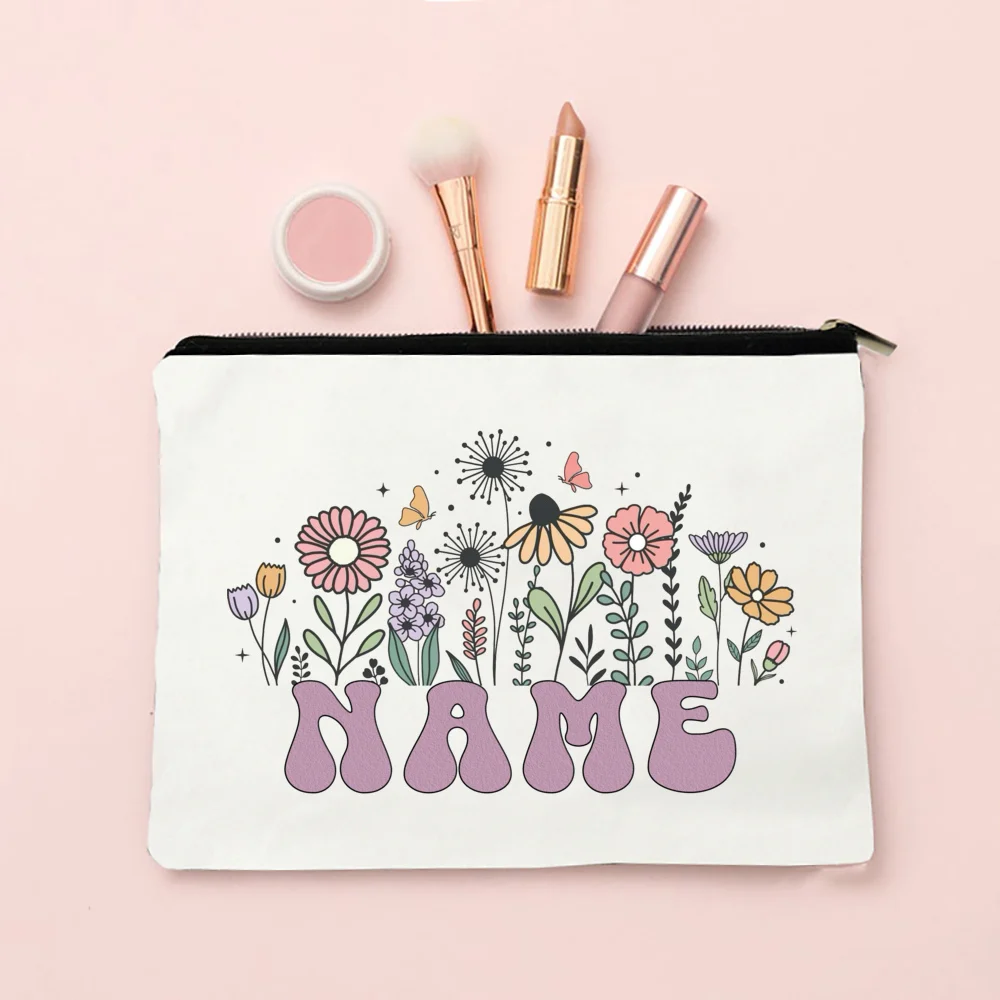 Personalized Flower with Name Makeup Bag Travel Cosmetic Case Canvas Monogram Toiletry Bag Festive Birthday Wedding Gift for Her