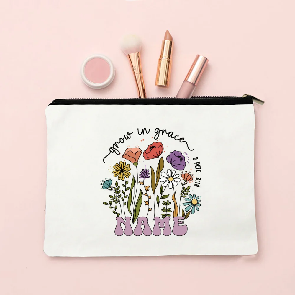 Personalized Flower with Name Makeup Bag Travel Cosmetic Case Canvas Monogram Toiletry Bag Festive Birthday Wedding Gift for Her