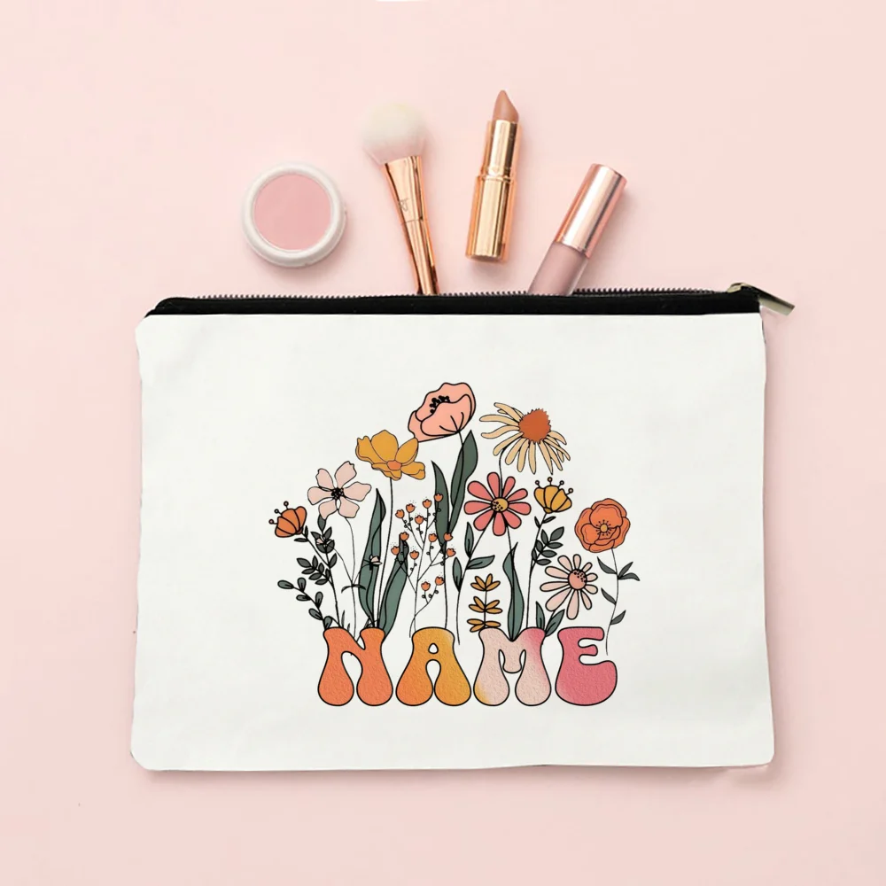 Personalized Flower with Name Makeup Bag Travel Cosmetic Case Canvas Monogram Toiletry Bag Festive Birthday Wedding Gift for Her