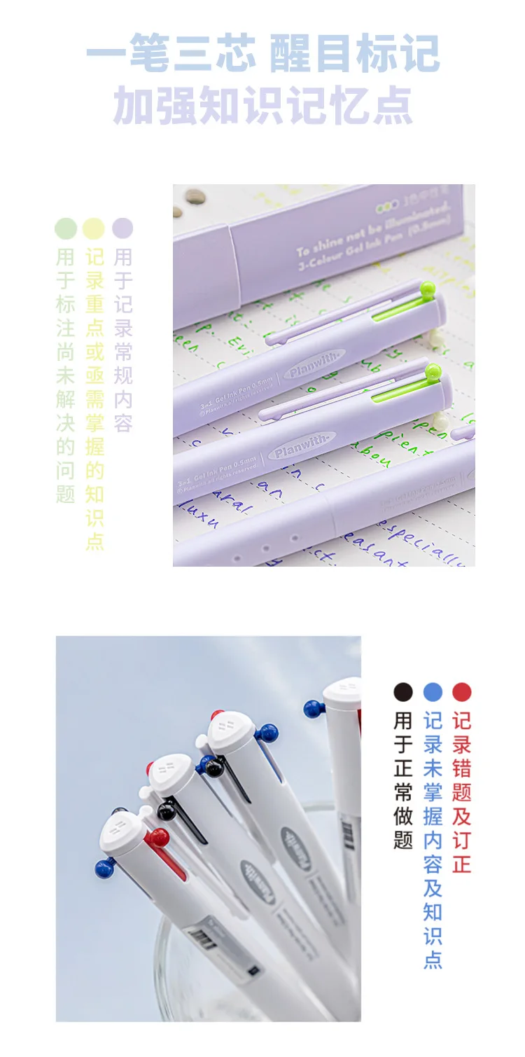 Exquisite3 Color Multifunctional Retractable Gel Pen 0.5mm Stationery Caneta канцелярия Triangular Comfortable Grip Pe