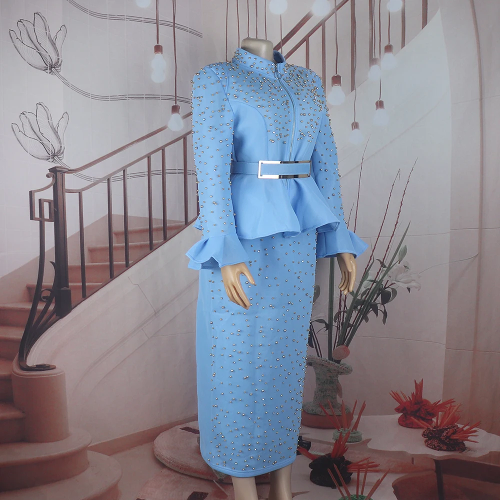 Luxury Women's Elegant Dress Suit Mesh Fabric Turkey Dresses for Women Luxury Rhinestone African Dress