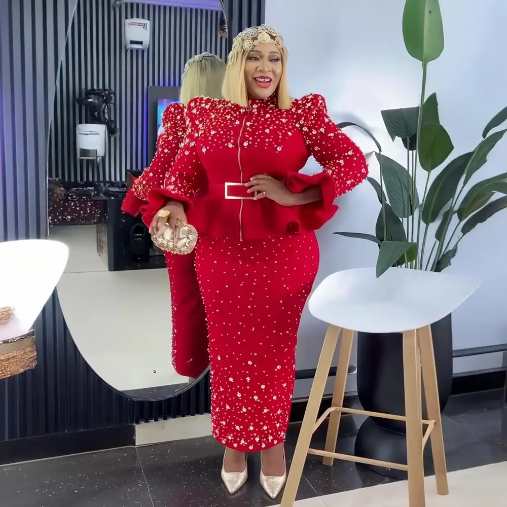 Luxury Women's Elegant Dress Suit Mesh Fabric Turkey Dresses for Women Luxury Rhinestone African Dress