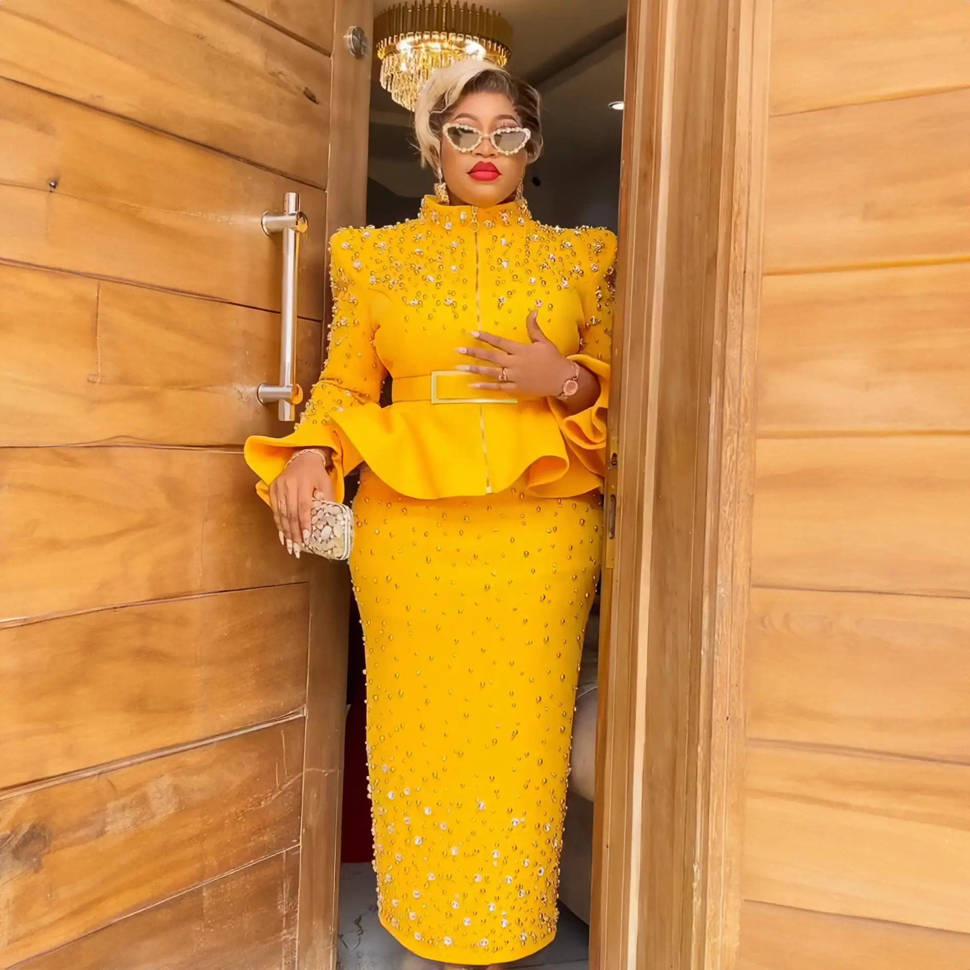 Luxury Women's Elegant Dress Suit Mesh Fabric Turkey Dresses for Women Luxury Rhinestone African Dress