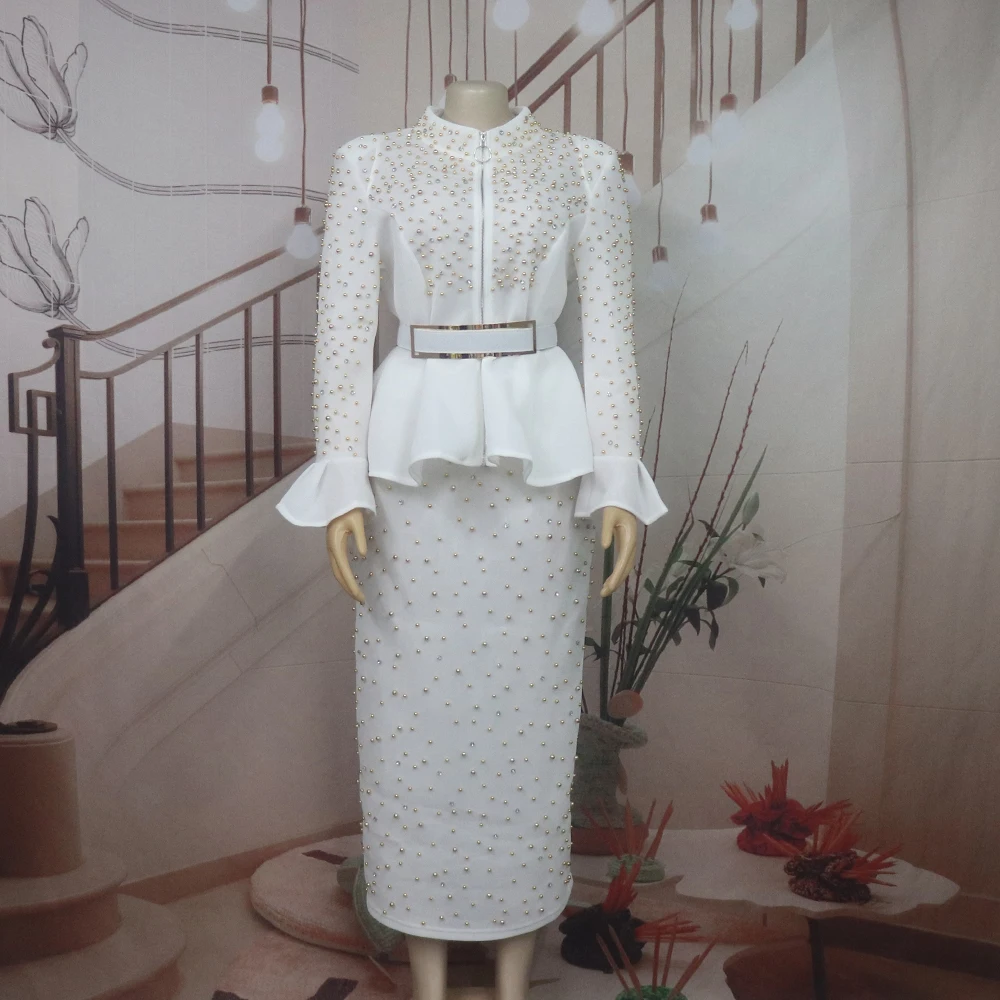 Luxury Women's Elegant Dress Suit Mesh Fabric Turkey Dresses for Women Luxury Rhinestone African Dress