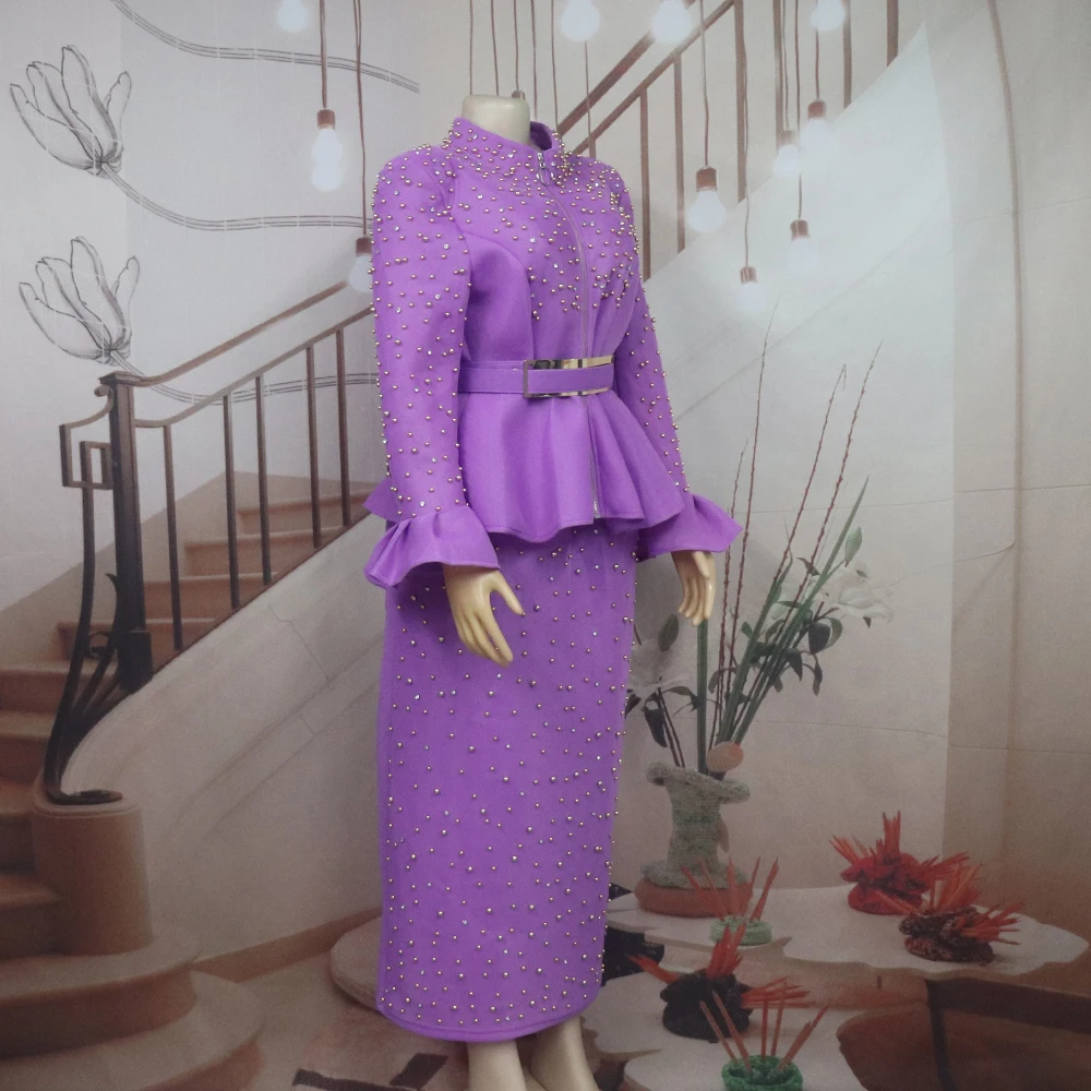 Luxury Women's Elegant Dress Suit Mesh Fabric Turkey Dresses for Women Luxury Rhinestone African Dress