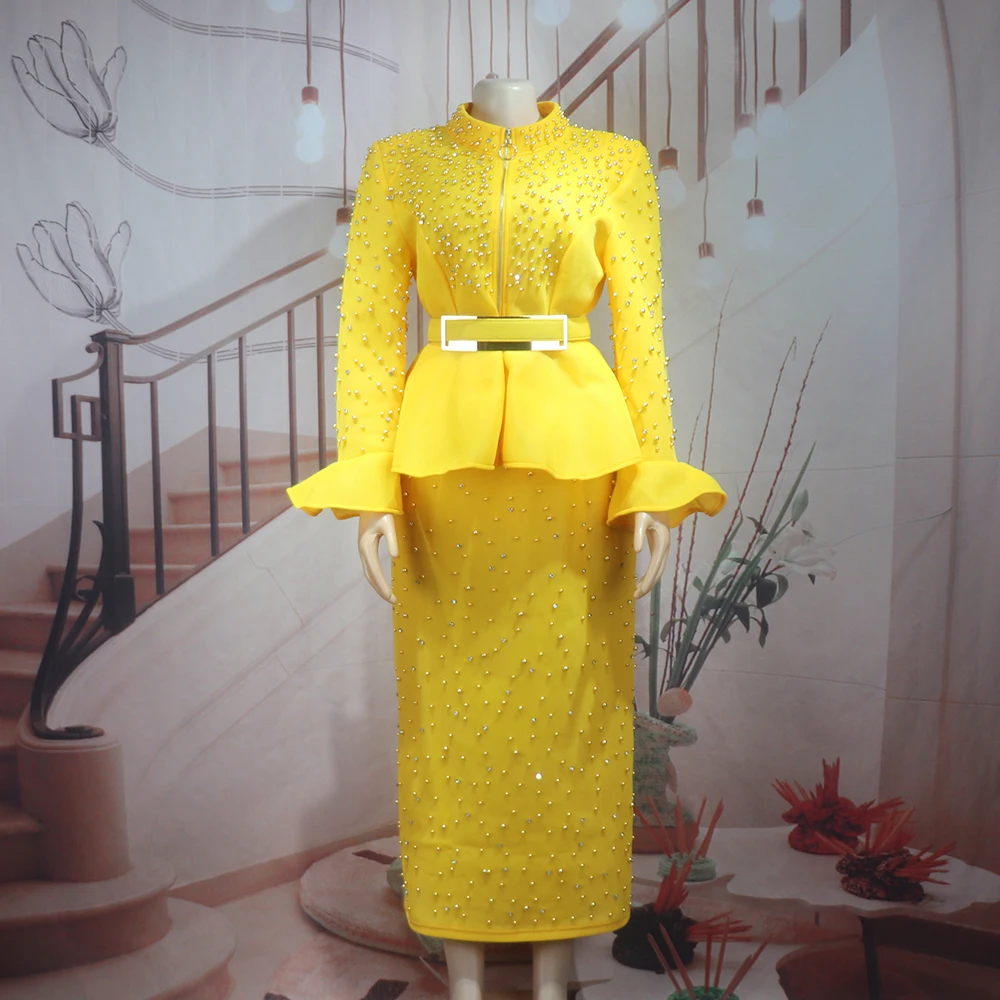 Luxury Women's Elegant Dress Suit Mesh Fabric Turkey Dresses for Women Luxury Rhinestone African Dress