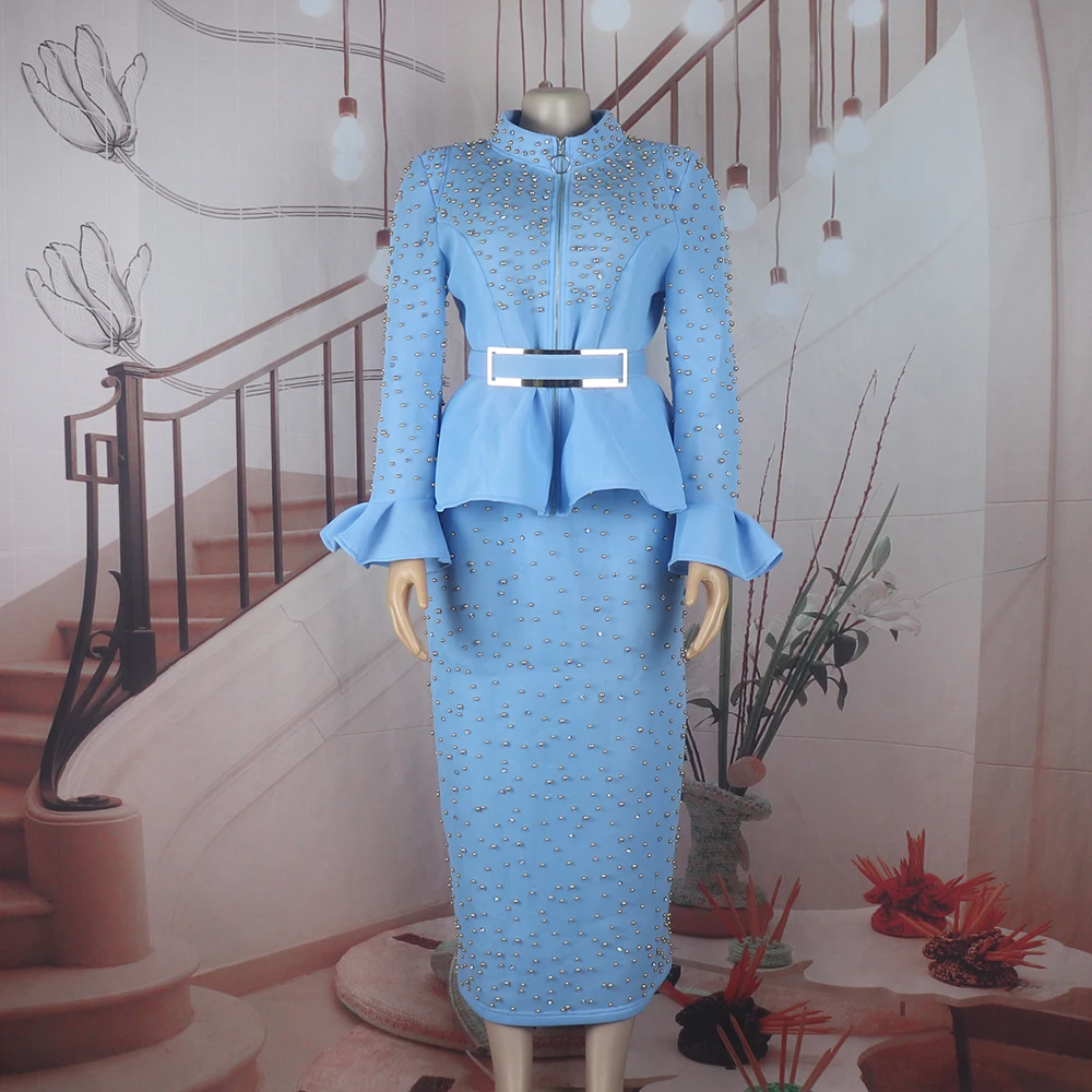 Luxury Women's Elegant Dress Suit Mesh Fabric Turkey Dresses for Women Luxury Rhinestone African Dress