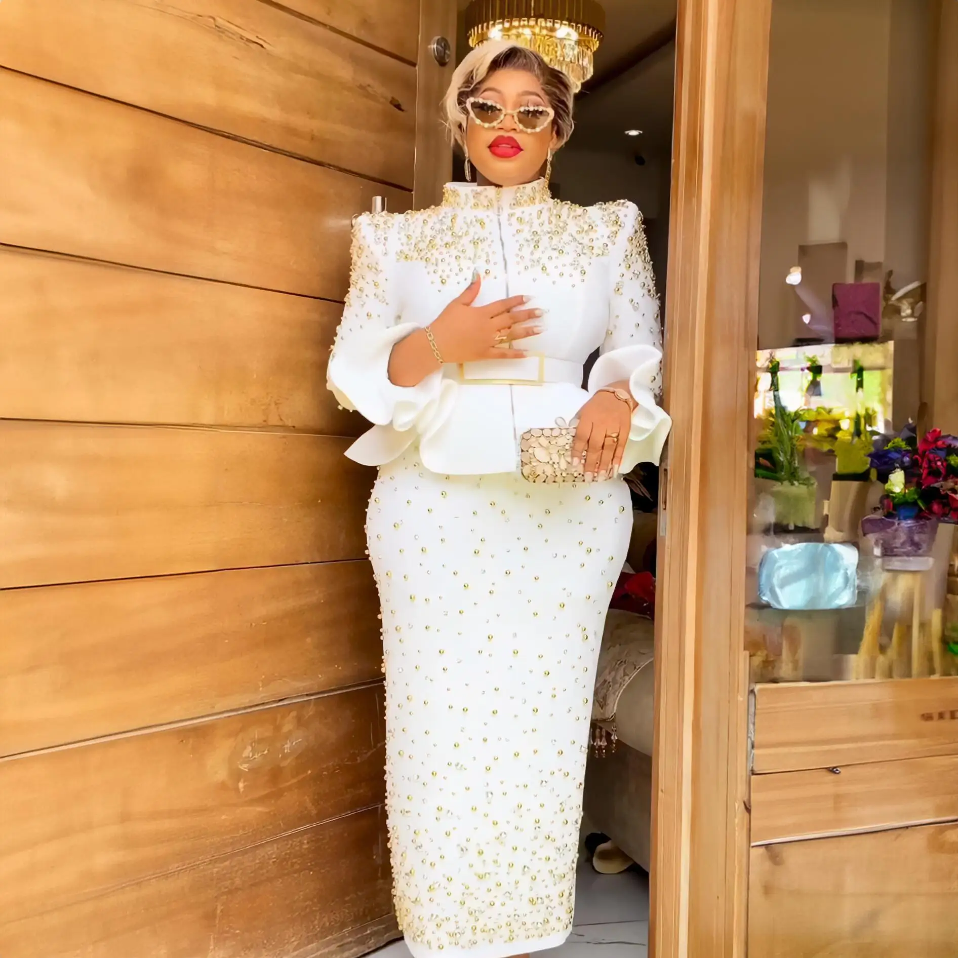 Luxury Women's Elegant Dress Suit Mesh Fabric Turkey Dresses for Women Luxury Rhinestone African Dress