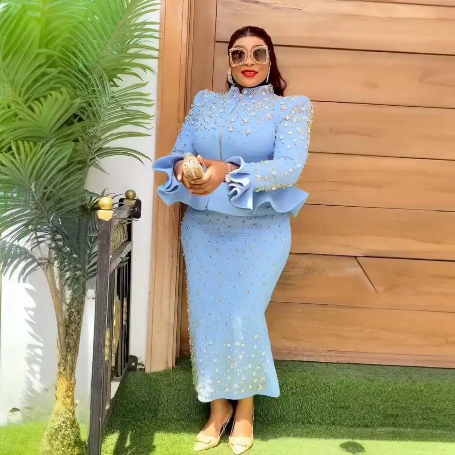 Luxury Women's Elegant Dress Suit Mesh Fabric Turkey Dresses for Women Luxury Rhinestone African Dress