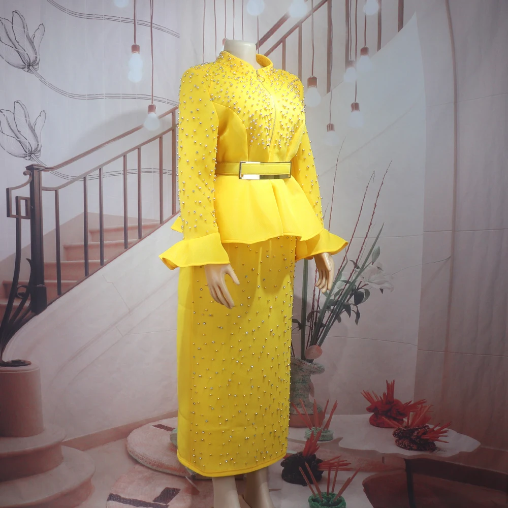 Luxury Women's Elegant Dress Suit Mesh Fabric Turkey Dresses for Women Luxury Rhinestone African Dress