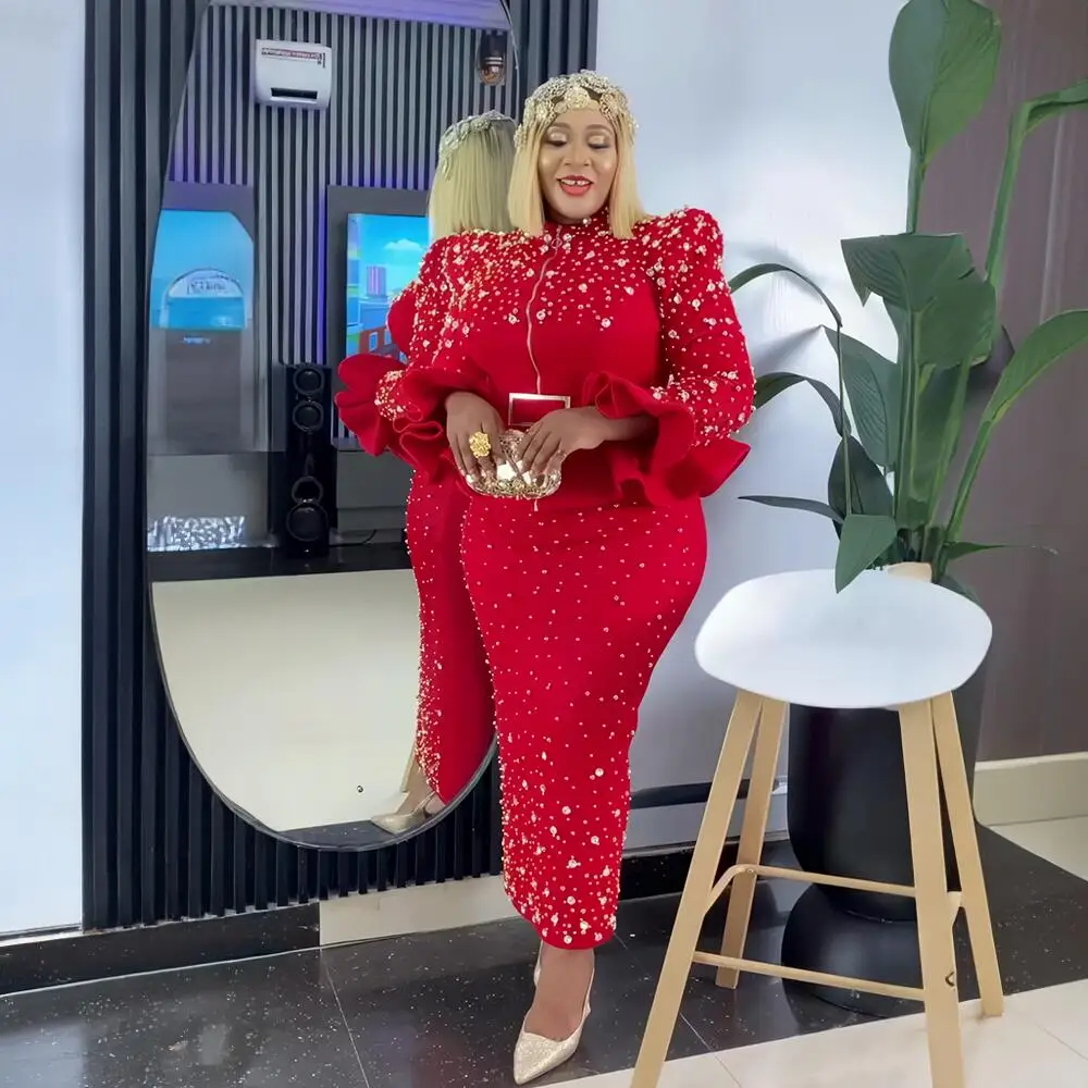 Luxury Women's Elegant Dress Suit Mesh Fabric Turkey Dresses for Women Luxury Rhinestone African Dress