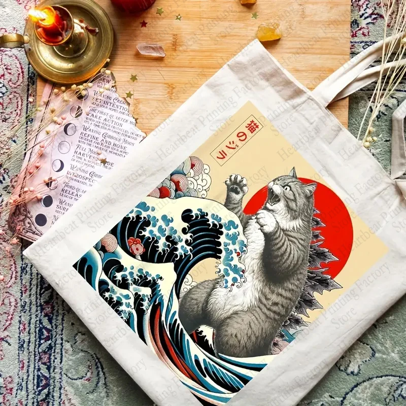 Catzilla Cat Japanese Art Funny Cat Gifts Pattern Tote Bag Canvas Shoulder Bags Women's Reusable Shopping Bags Best Gift