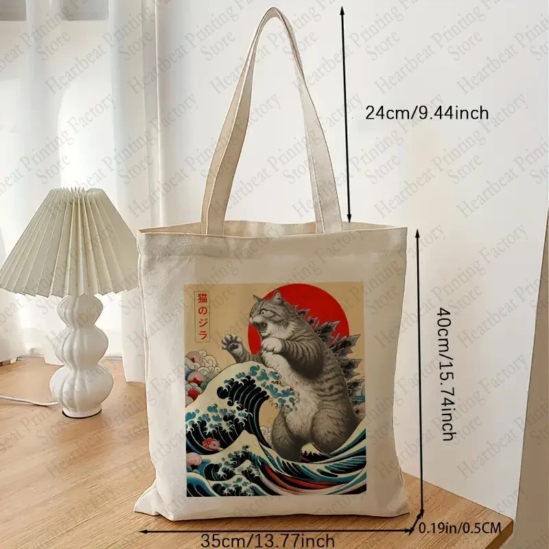 Catzilla Cat Japanese Art Funny Cat Gifts Pattern Tote Bag Canvas Shoulder Bags Women's Reusable Shopping Bags Best Gift