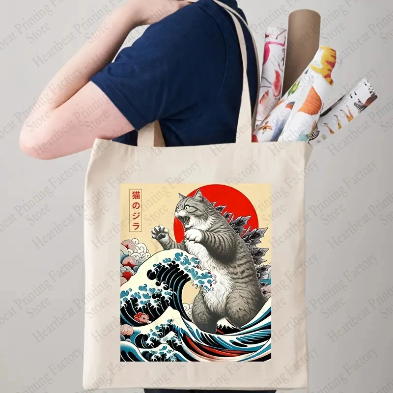 Catzilla Cat Japanese Art Funny Cat Gifts Pattern Tote Bag Canvas Shoulder Bags Women's Reusable Shopping Bags Best Gift