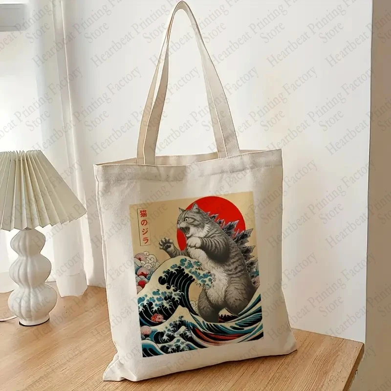 Catzilla Cat Japanese Art Funny Cat Gifts Pattern Tote Bag Canvas Shoulder Bags Women's Reusable Shopping Bags Best Gift