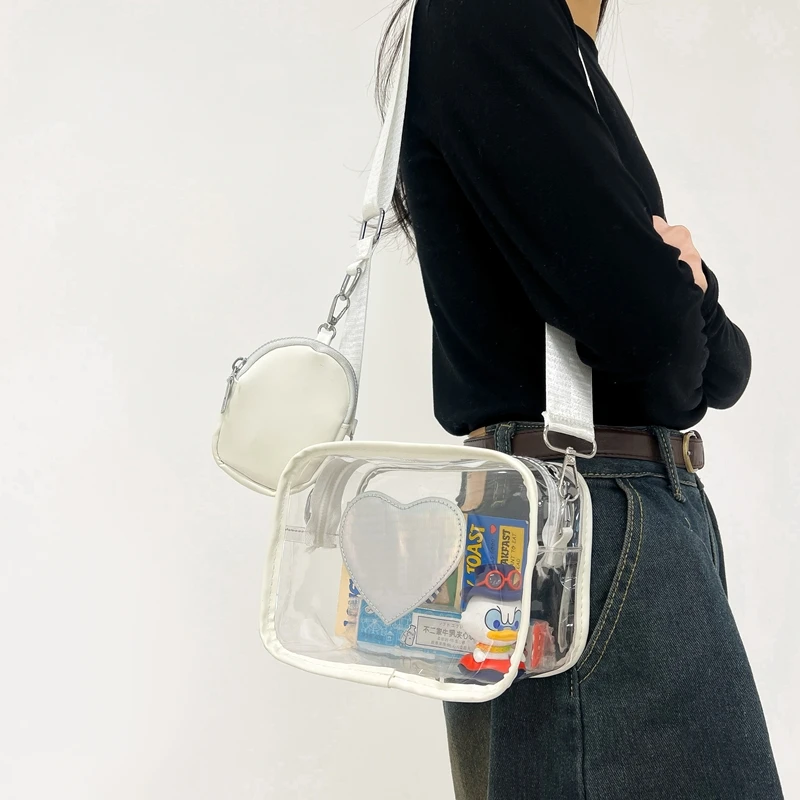 New Transparent PVC Fashion Women's Bag With Love Pattern Leisure Shoulder Bag Travel Belt Zero Wallet Versatile Crossbody Bag