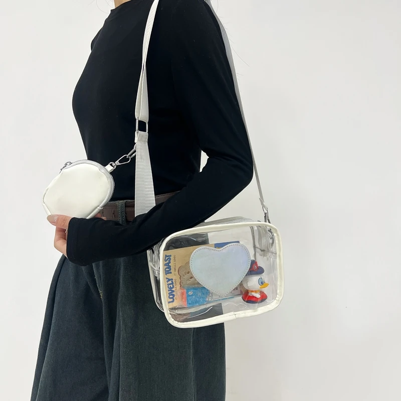 New Transparent PVC Fashion Women's Bag With Love Pattern Leisure Shoulder Bag Travel Belt Zero Wallet Versatile Crossbody Bag