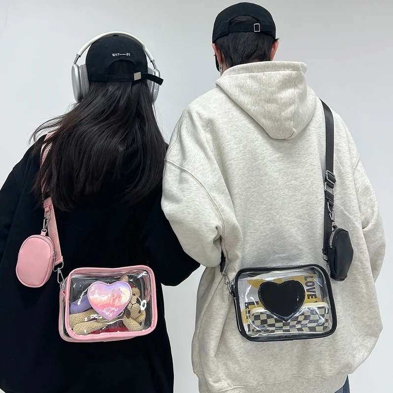 New Transparent PVC Fashion Women's Bag With Love Pattern Leisure Shoulder Bag Travel Belt Zero Wallet Versatile Crossbody Bag