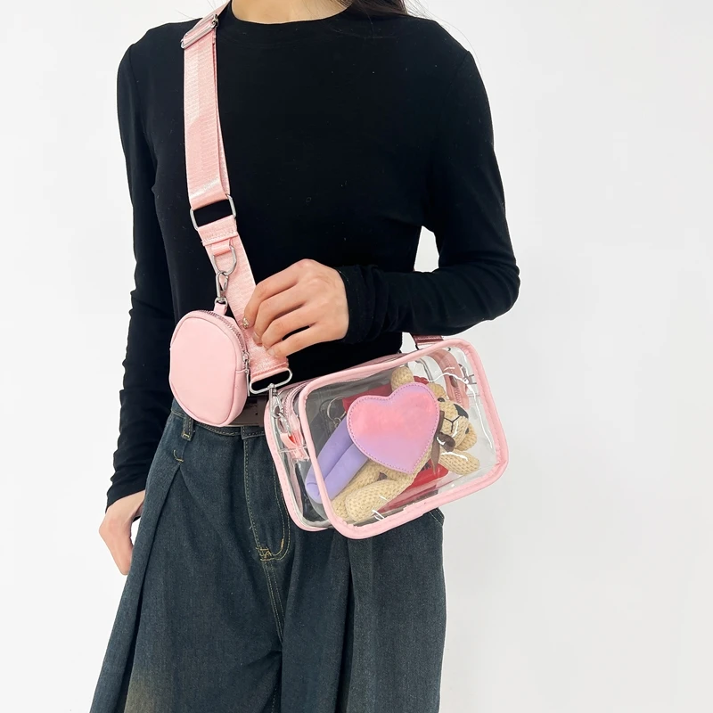 New Transparent PVC Fashion Women's Bag With Love Pattern Leisure Shoulder Bag Travel Belt Zero Wallet Versatile Crossbody Bag