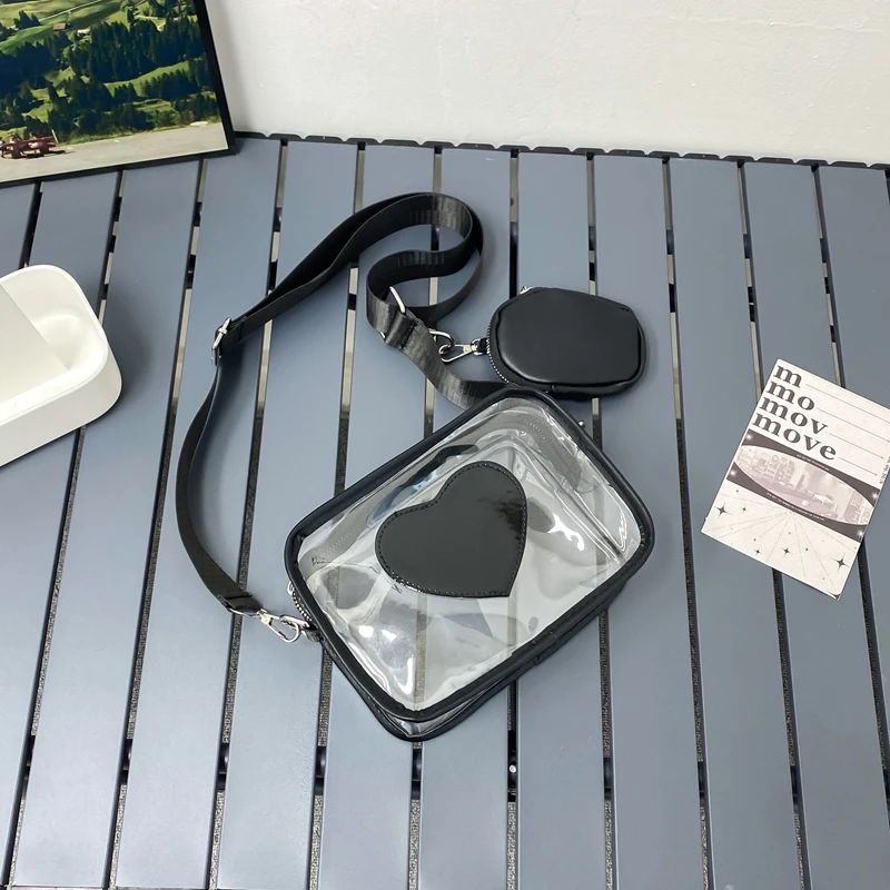 New Transparent PVC Fashion Women's Bag With Love Pattern Leisure Shoulder Bag Travel Belt Zero Wallet Versatile Crossbody Bag